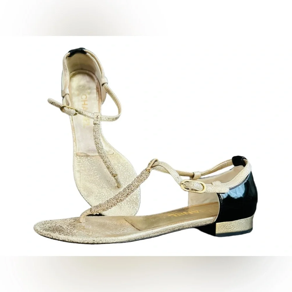 Chanel gold metallic flake leather sandals with black patten heels size 38